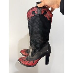 Donald Pliner Western‎ Red Snakeskin Cowboy Boots Fur Sz 7.5 Red And Black